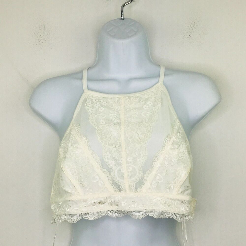 Francesca's Women's Large Bralette White Lace Mesh Unpadded Halter NWT BJ26
